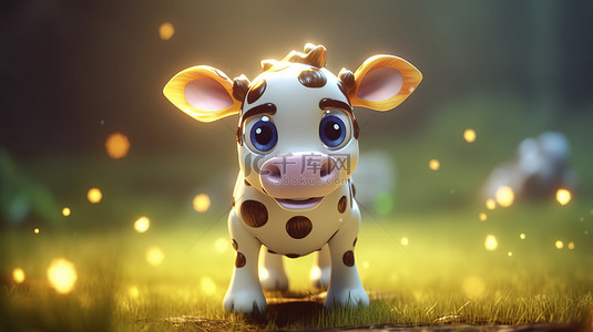 草原动物背景图片_一头牛的可爱 3D 渲染