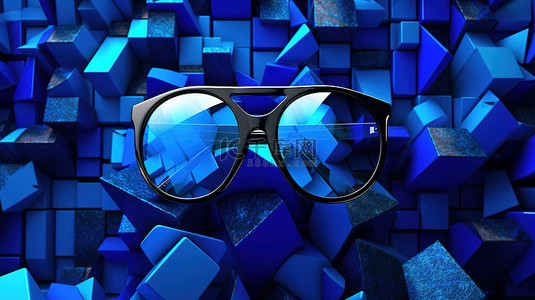 眼镜形状背景图片_蓝色太阳镜周围几何形状的 3D 渲染