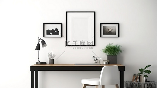 白色简约桌面背景图片_简约房间 3D 渲染中配有桌椅电脑和 d cor 的时尚工作区