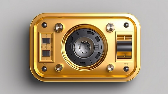ui音乐背景图片_3D 渲染灰色圆形钥匙按钮，具有金色复古录音带播放器图标和界面 ui ux 元素