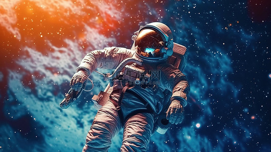 探索星空背景图片_宇航员探索广阔的外太空的 3D 渲染