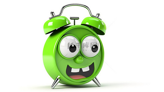 3d 渲染绿色垃圾桶字符吉祥物，带有闹钟和白色背景上的回收符号