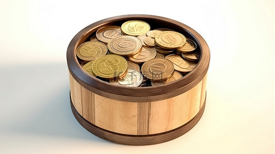 盒子内钱币的独立 3D 渲染，象征捐赠储蓄和钱罐概念图