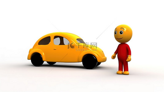 白色背景中站在黄色玩具车旁边的卡通人物的 3D 渲染