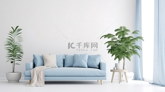 枕头样机背景图片_客厅内墙模型的 3D 渲染，配有蓝色布艺沙发和白色背景的枕头，右侧有可用空间