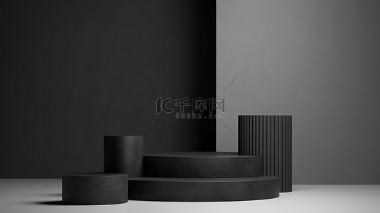 背景形状黑色背景图片_产品展示的简约舞台黑色圆柱讲台，灰色背景纹理 3D 渲染场景上具有几何形状
