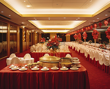 酒店的宴会厅用红白相间的布装饰
