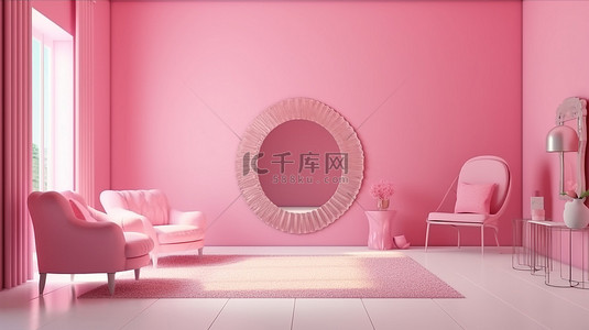 旅馆房间背景图片_柔和的粉红色卧室家具镜子扶手椅和桌子装饰着这个精致的房间 3D 插图