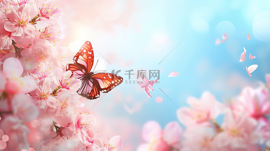 粉红色樱花和飞翔的蝴蝶设计