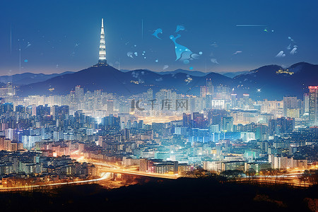 首尔城市天际线在夜间出现在背景中