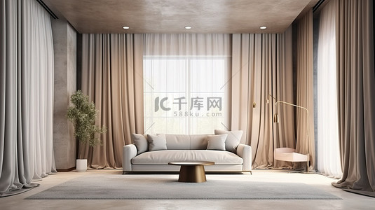豪华座椅背景图片_舒适优雅的客厅内部的 3D 渲染，配有豪华座椅和窗帘