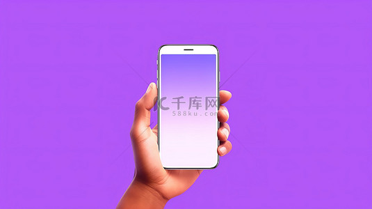 紫色背景下卡通手拿着智能手机的 3D 插图