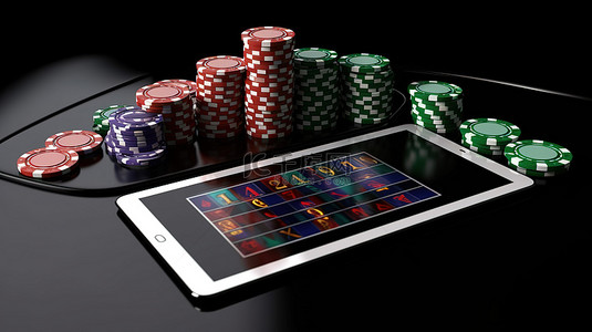 令人惊叹的 3D 渲染中的平板电脑和赌场筹码