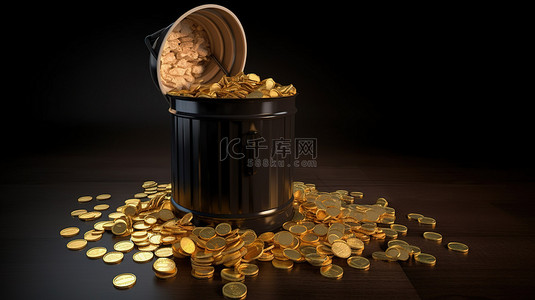 3D 垃圾桶内的金色财富
