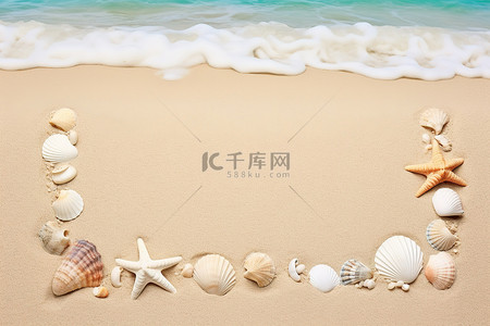 夏天假期背景图片_沙框内有贝壳的方形框架