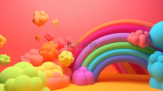 彩虹上的儿童背景图片_充满活力的夏季彩虹与飞行球体有趣的 3D 渲染在珊瑚背景上，适合儿童 d cor
