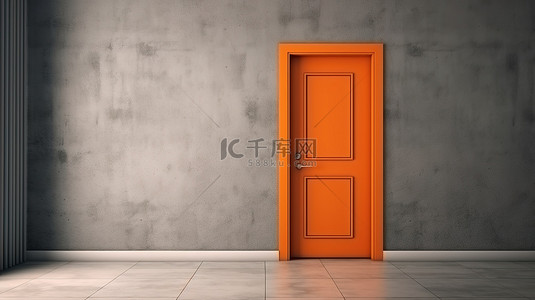 橙色木门的 3D 渲染，靠在混凝土墙上，铺有木镶木地板