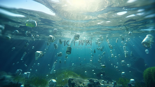 水下污染塑料瓶在海中漂流描绘对生态回收和环境3D渲染的影响