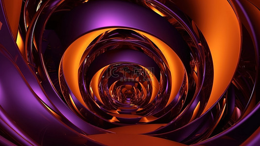 孤立的橙色背景，带有 3D 渲染的紫色金属分形和螺旋