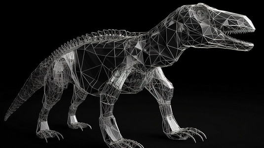 艺术恐龙背景图片_线框中多边形恐龙的孤立黑色背景 3d 渲染