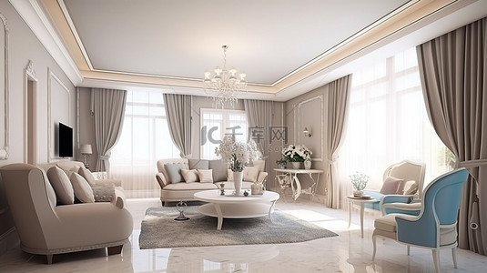 经典风格客厅中带电视的优雅休息区 3D 渲染