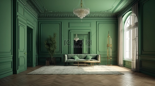 阳光墙壁桌子背景图片_绿色石膏墙造型和阳光吞没了 3D 渲染中的豪华客厅