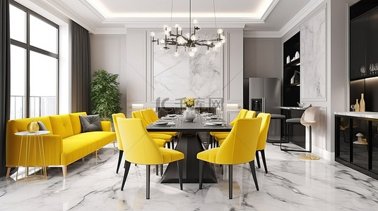 现代餐饮和生活空间的 3D 渲染，奢华经典的厨房装饰带有淡淡的黄色