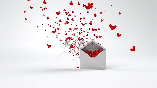 庆祝情人节的爱情 3D 渲染，红心从空白的白色信封在白色背景下翱翔