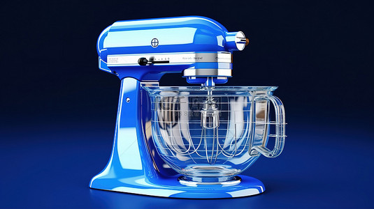 蓝色背景上线框式厨房立式食品搅拌机的 3D 渲染蓝图