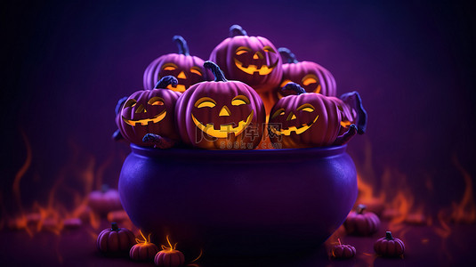 恐怖女巫背景图片_幽灵般的南瓜装扮成女巫，周围是紫色背景上的大锅 3D 渲染插图