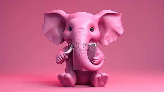 欢快的粉红色 3D 大象，手里拿着手机