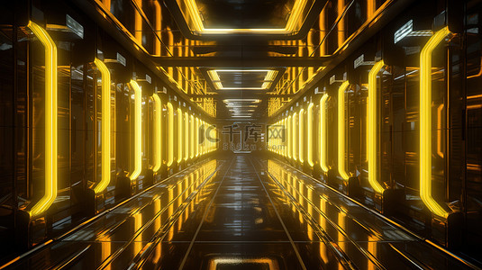霓虹黄灯和 3D 反射照亮的未来空间走廊