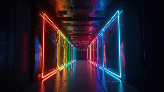 抽象霓虹灯隧道 3d 渲染的空走廊