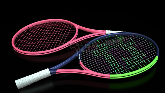 两个彩色球拍的独立 3D 渲染，对角放置，球拍之间有一个网球