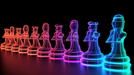 霓虹人物背景图片_二进制代码国际象棋一排霓虹灯 3D 人物准备比赛