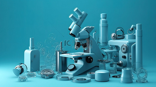 使用 3D 实验室仪器和蓝色背景显微镜探索化学研究的深度
