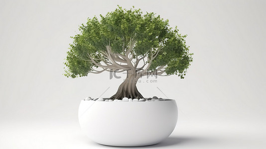 春绿叶背景图片_白色背景孤立的 3d 渲染的一棵白盆中的绿树