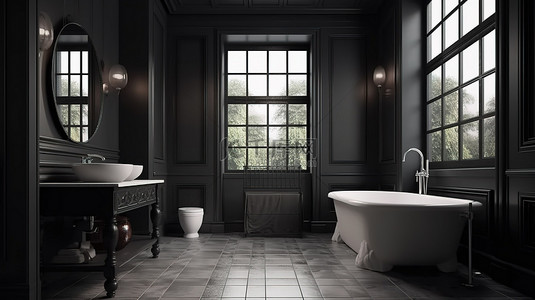 现代化家居背景图片_现代化的黑色浴室和卫生间，在 3D 渲染中具有窗口视图