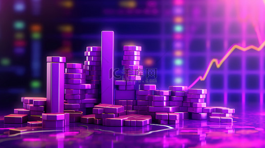 横幅展示紫色金融业务的 3D 渲染，包含投资增长统计数据和交易概念