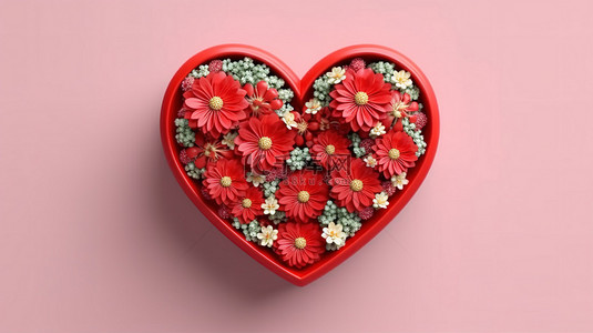 度过情人节背景图片_3D 渲染的心形盒子，里面装满了可爱的红花，度过一个快乐的情人节