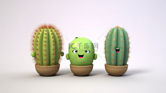 简约绿色植物背景背景图片_3D 渲染中白色背景上四种不同仙人掌品种的简约卡通插图