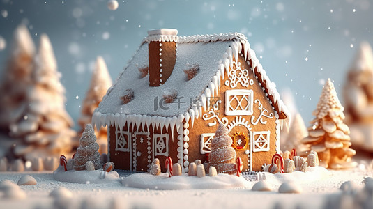 圣诞屋圣诞背景图片_冬季仙境中姜饼屋的 3D 渲染