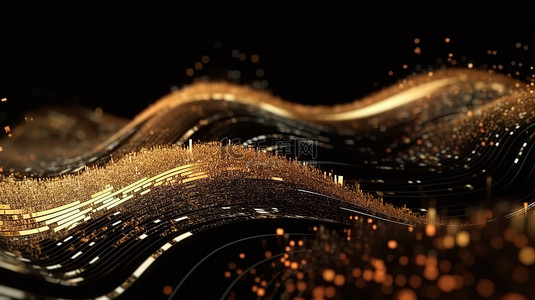 金色科技感圆圈背景图片_黑暗背景的 3D 渲染与闪闪发光的金色未来技术粒子的抽象波