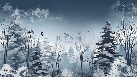 卡通树林海报背景图片_冬天自然风景海报