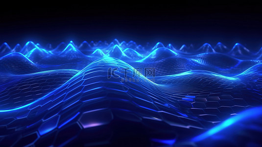 蓝色led背景背景图片_具有抽象波技术背景和蓝色 LED 灯的 3D 呈现的企业数字网络概念