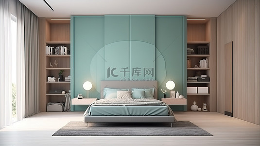 简约海岸背景图片_优雅的现代卧室，配有衣柜电视区和床头柜，简约的 3D 渲染