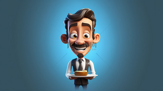 倒计时动画背景图片_肖像中服务员卡通人物的 3D 插图