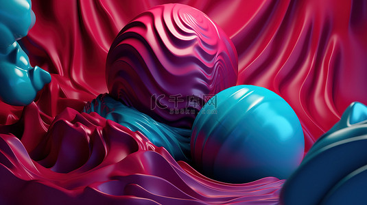 波形状背景图片_洋红色和蓝色抽象几何排列与 3d 波和球体
