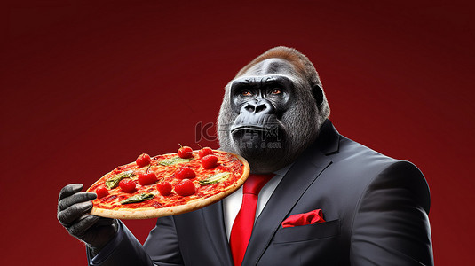 穿着 3D 大猩猩西装的人幽默地享用一片披萨
