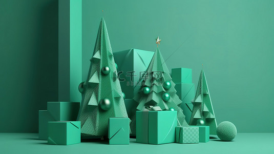 2020圣诞老人背景图片_节日圣诞树设计 3D 渲染，具有几何装饰形状和节日装饰礼品盒